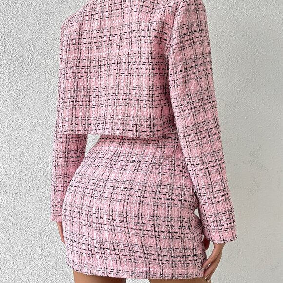 Pink Elegant Women's Plaid Button Front Crop Jacket & Skirt - Picture 2 of 6